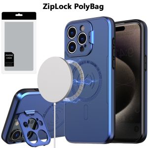[PolyBag] For iP15 Pro Max Magnetic Ring Circle Camera Cap KickStand Hybrid UV Paint Matte Finish Case - Blue
