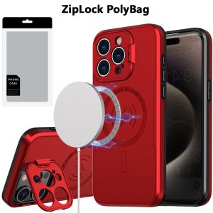 [PolyBag] For iP15 Pro Max Magnetic Ring Circle Camera Cap KickStand Hybrid UV Paint Matte Finish Case - Red
