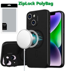 [PolyBag] For iPhone 14/13 Magnetic Ring Circle Camera Cap KickStand Hybrid UV Paint Matte Finish Case - Black