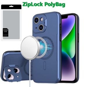 [PolyBag] For iPhone 14/13 Magnetic Ring Circle Camera Cap KickStand Hybrid UV Paint Matte Finish Case - Blue