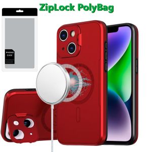 [PolyBag] For iPhone 14/13 Magnetic Ring Circle Camera Cap KickStand Hybrid UV Paint Matte Finish Case - Red