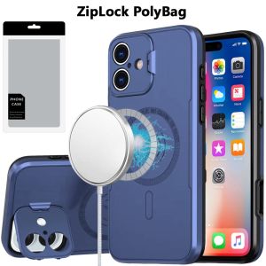 [PolyBag] For iPhone 16 6.1 inch Magnetic Ring Circle Camera Cap KickStand Hybrid UV Paint Matte Finish Case - Blue
