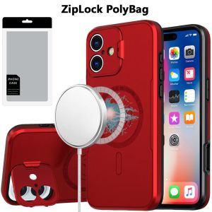 [PolyBag] For iPhone 16 6.1 inch Magnetic Ring Circle Camera Cap KickStand Hybrid UV Paint Matte Finish Case - Red