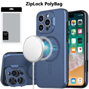 [PolyBag] For iPhone 16 Pro Max 6.9 inch Magnetic Ring Circle Camera Cap KickStand Hybrid UV Paint Matte Finish Case - Blue