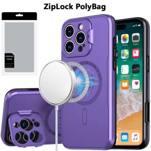 [PolyBag] For iPhone 16 Pro Max 6.9 inch Magnetic Ring Circle Camera Cap KickStand Hybrid UV Paint Matte Finish Case - Purple
