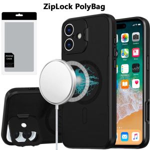 [PolyBag] For iPhone 16 Plus 6.7 inch Magnetic Ring Circle Camera Cap KickStand Hybrid UV Paint Matte Finish Case - Black