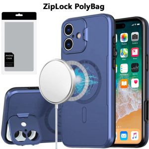 [PolyBag] For iPhone 16 Plus 6.7 inch Magnetic Ring Circle Camera Cap KickStand Hybrid UV Paint Matte Finish Case - Blue