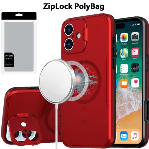 [PolyBag] For iPhone 16 Plus 6.7 inch Magnetic Ring Circle Camera Cap KickStand Hybrid UV Paint Matte Finish Case - Red