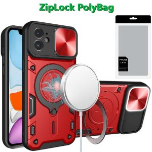 [PolyBag] For iPhone 11 Magnetic Ring Stand Classic Design FULL Camera Protection Hybrid Case - Red