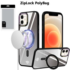 [PolyBag] For iPhone 12 & iPhone 12 Pro Dazzle Magnetic Ring Stand Alloy Chrome Transparent Hybrid - Black