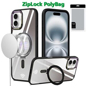 For iPhone 16 Plus 6.7 inch Dazzle [Magnetic Circle] Kickstand Alloy Chrome Transparent Hybrid - Black