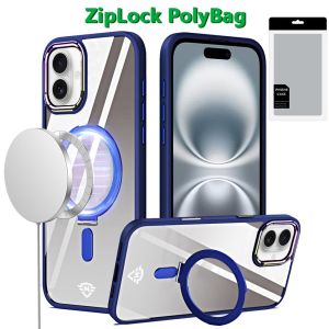 [PolyBag] For iPhone 16 6.1 inch Dazzle Magnetic Ring Stand Alloy Chrome Transparent Hybrid - Navy Blue