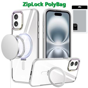 [PolyBag] For iPhone 16 Plus 6.7 inch Dazzle Magnetic Ring Stand Alloy Chrome Transparent Hybrid - Clear