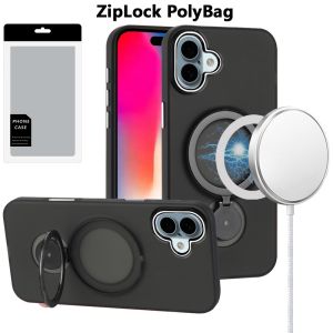 [PolyBag] For iPhone 16 6.1 inch Hoop Kickstand [Magnetic Circle] HD Transparent Chrome Hybrid - Black