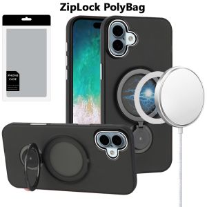[PolyBag] For iPhone 16 Plus 6.7 inch Hoop Kickstand [Magnetic Circle] HD Transparent Chrome Hybrid - Black