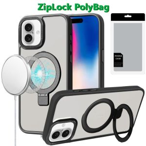 [PolyBag] For iPhone 16 6.1 inch Metal Chrome Kickstand [Magnetic Circle] Shockproof Matching Camera Hybrid - Black