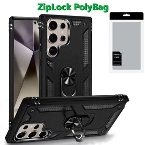 [PolyBag] For Samsung s25 Ultra Ring Magnetic Kickstand Hybrid Case Cover - Black