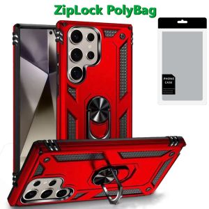 [PolyBag] For Samsung s25 Ultra Ring Magnetic Kickstand Hybrid Case Cover - Red