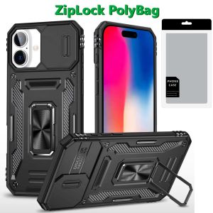 [PolyBag] For iPhone 16 6.1 inch Utter Tough Metal Ring Movable Camera Window Hybrid - Black