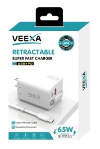 Veexa White 65W Usb+Pd Super Fast Charger With Tc Retractable