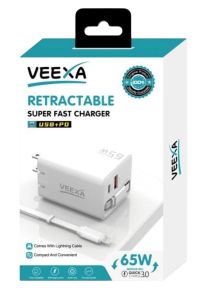 Veexa White 65W Usb+Pd Super Fast Charger With Lightning Retractable