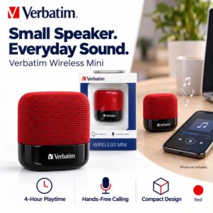 Verbatim Wireless Mini Bluetooth Speaker - Powerful sound in a compact, small and travel-friendly speaker - Built-in microphone for hands-free calling- Rechargeable battery - RED