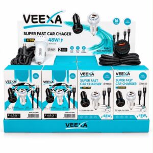 VEEXA DISPLAY BOX 48W SUPER FAST CAR CHARGER WITH SUPER FAST WOVEN PD 35W & CC 60W CABLE 16 PCS