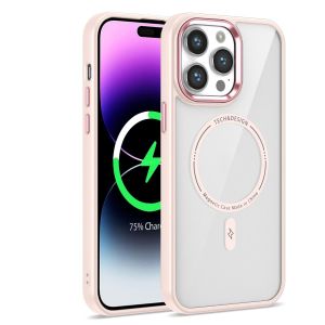 For iPhone 12/12 Pro Magnetic Circle Ring Transparent Premium Acrylic Case Cover with Metal Buttons & Camera Raised Lip - Pink