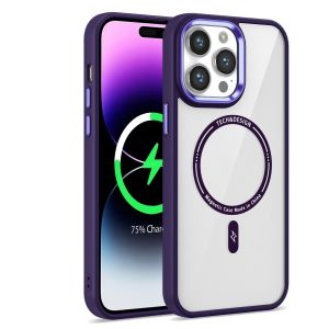 For iPhone 15 Pro Max Magnetic Circle Ring Transparent Premium Acrylic Case Cover with Metal Buttons & Camera Raised Lip - Dark Purple