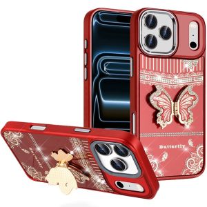 For iPhone 17 Pro Max Splendid Glitter Butterfly Design Stand with Metallic Edges Hybrid Case - Red