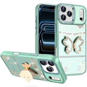 For iPhone 17 Pro Max Splendid Glitter Butterfly Design Stand with Metallic Edges Hybrid Case - Teal