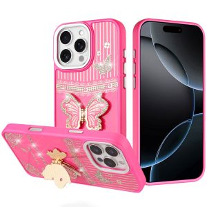 For iPhone 16 Pro Max 6.9 Splendid Glitter Butterfly Design Stand with Metallic Edges Hybrid Case - Hot Pink