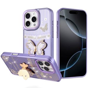 For iPhone 16 Pro Max 6.9 Splendid Glitter Butterfly Design Stand with Metallic Edges Hybrid Case - Dark Purple