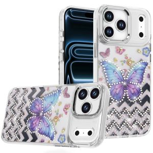 For iPhone 17 Pro Max Resin Epoxy Design Diamond Metal Edged Hybrid Case - A