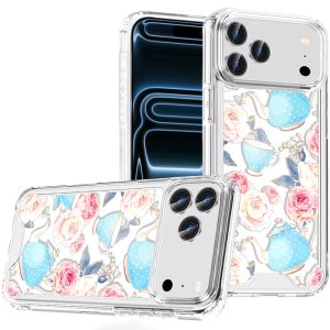 For iPhone 17 Pro Max Beautiful TPU Designs Case Case - Pink Roses & Teal Teapots
