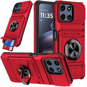 For Moto G 5G 2025/2026 / G PLAY 2026 Multi-Functional 2X Card Slot Shockproof Metal Ring Hybrid Case - Red