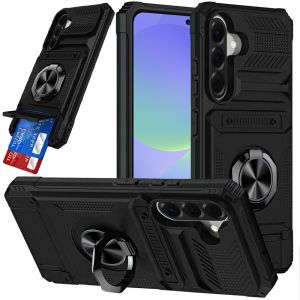 For Samsung Galaxy A37 Multi-Functional 2X Card Slot Shockproof Metal Ring Hybrid Case - Black