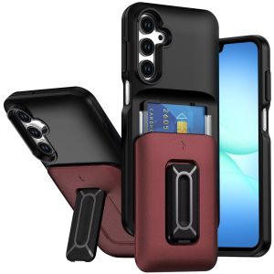 For Samsung A17 5G Card Holder (2X) with Wrist Strap Hybrid With KickStand - Black+Red