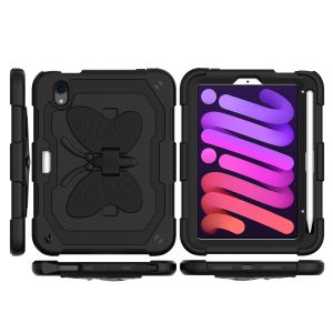 For Apple iPad Mini 6th Gen 8.3 inch (2021) Butterfly Kickstand 3in1 Tough Hybrid Case Cover with Shoulder Strap - Black/Black