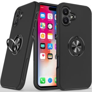 For iPhone 16 6.1 inch CHIEF Oil Painted Magnetic Ring Stand Hybrid Case Cover - Black