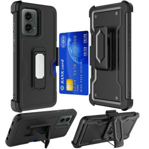 For Motorola Moto G 5G 2024 CARD Holster with Kickstand Clip Hybrid Case Cover - Black