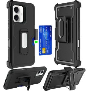 For iPhone 16 6.1 inch CARD Holster with Kickstand Clip Hybrid Case Cover - Black