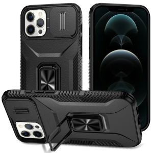 For iPhone 12 Pro Max 6.7 Complete Magnetic Metal Ring Stand Camera Protection Hybrid - Black