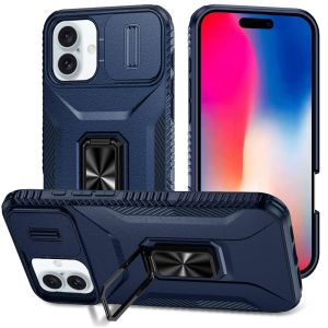 For iPhone 16 6.1 inch Complete Magnetic Metal Ring Stand Camera Protection Hybrid - Blue