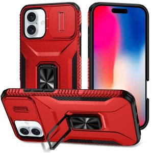 For iPhone 16 6.1 inch Complete Magnetic Metal Ring Stand Camera Protection Hybrid - Red