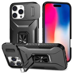For iPhone 16 Pro 6.3 inch Complete Magnetic Metal Ring Stand Camera Protection Hybrid - Black