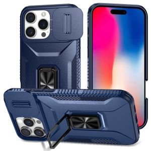 For iPhone 16 Pro 6.3 inch Complete Magnetic Metal Ring Stand Camera Protection Hybrid - Blue