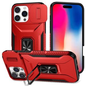 For iPhone 16 Pro 6.3 inch Complete Magnetic Metal Ring Stand Camera Protection Hybrid - Red