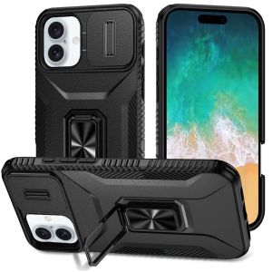 For iPhone 16 Plus 6.7 inch Complete Magnetic Metal Ring Stand Camera Protection Hybrid - Black