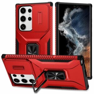 For Samsung Galaxy S22 Ultra Complete Magnetic Metal Ring Stand Camera Protection Hybrid - Red